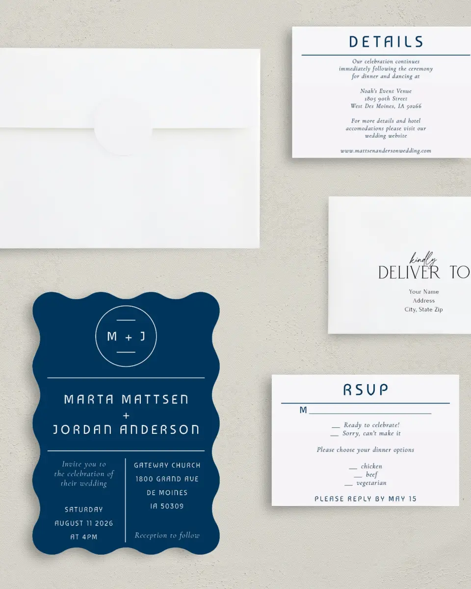 This is a 5" x 7" Wavy Wedding Invitation called Marvelous Monogram printed in full color with Gold foil on Luxe Satin (coated) paper