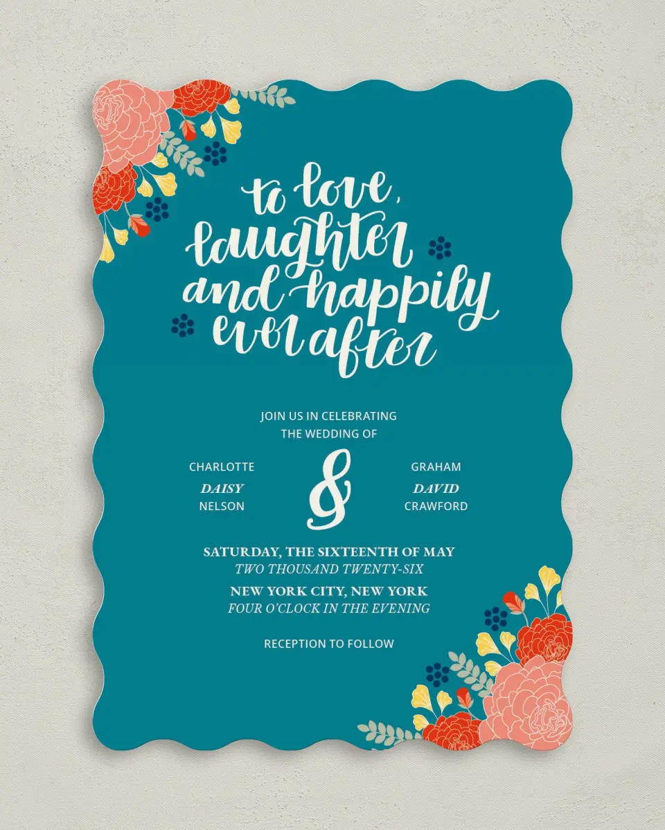 This is a 5" x 7" Wavy Wedding Invitation called Botanical Cheer printed in full color on Premium Smooth paper