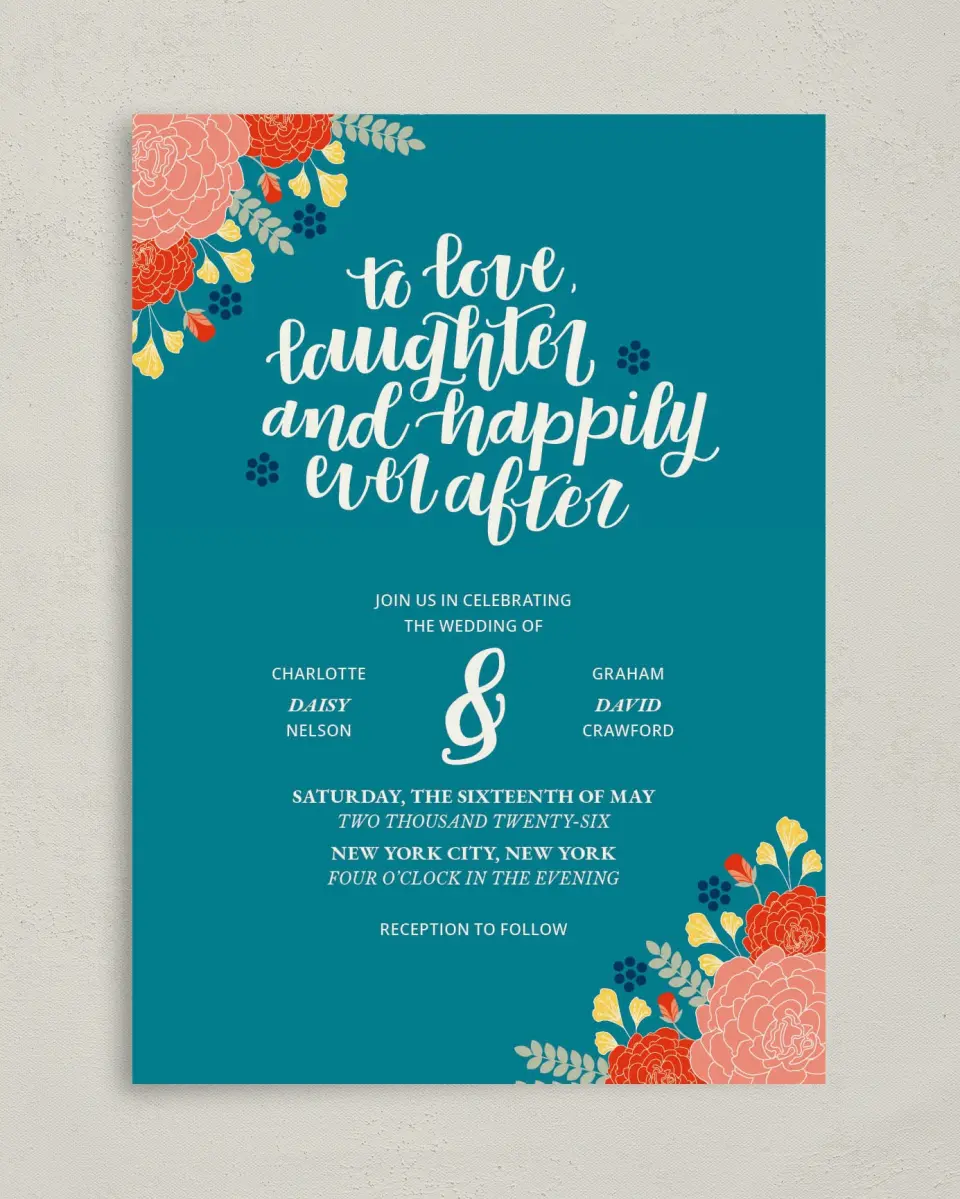 This is a 5" x 7" Classic Wedding Invitation called Botanical Cheer printed in full color with Gold foil on Luxe Satin (coated) paper