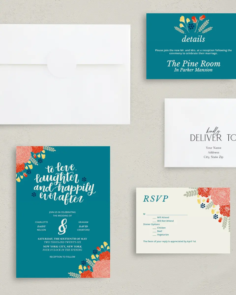 This is a 5" x 7" Classic Wedding Invitation called Botanical Cheer printed in full color with Gold foil on Luxe Satin (coated) paper