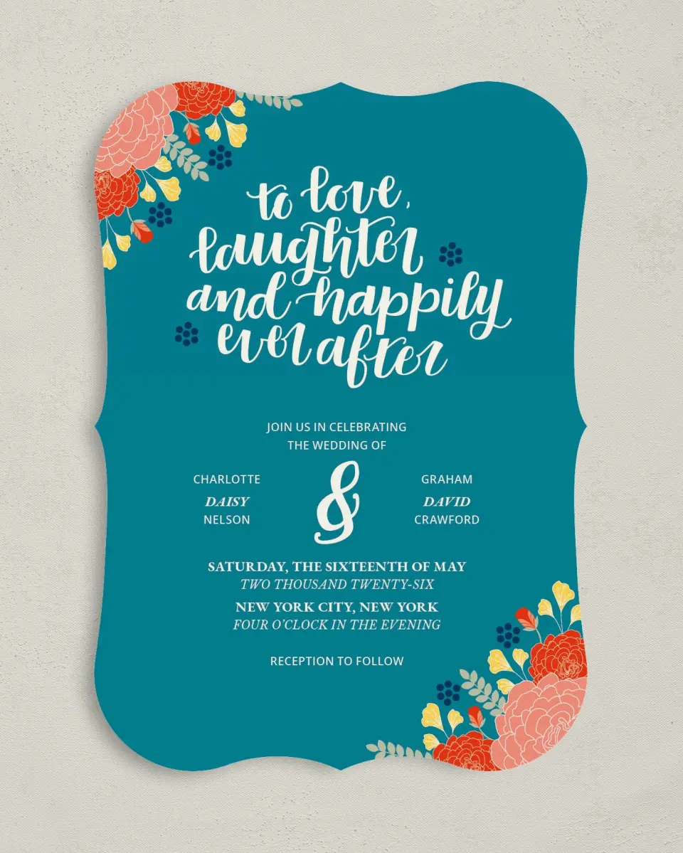This is a 5" x 7" Bracket Wedding Invitation called Botanical Cheer printed in full color with Silver foil on Luxe Satin (coated) paper