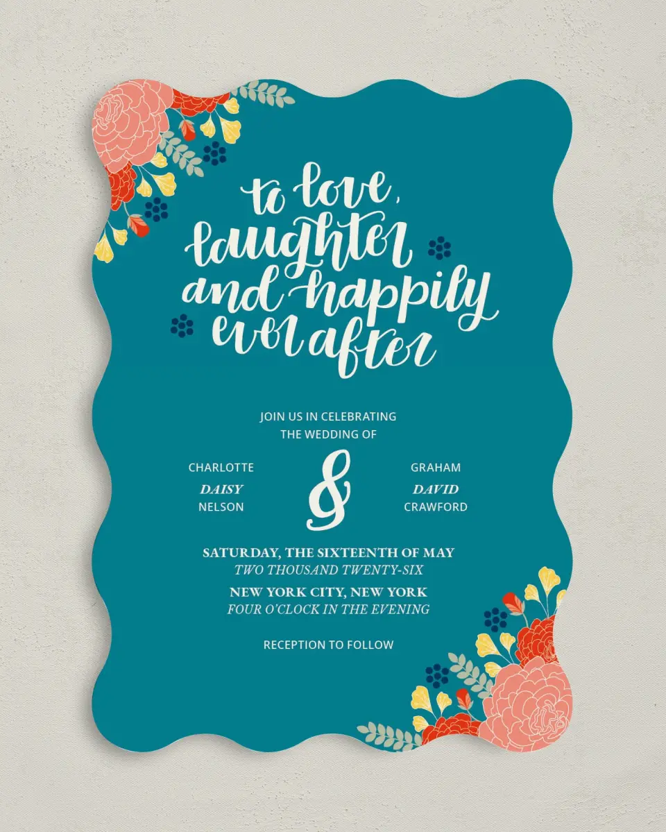 This is a 5" x 7" Wavy Wedding Invitation called Botanical Cheer printed in full color on Premium Smooth paper