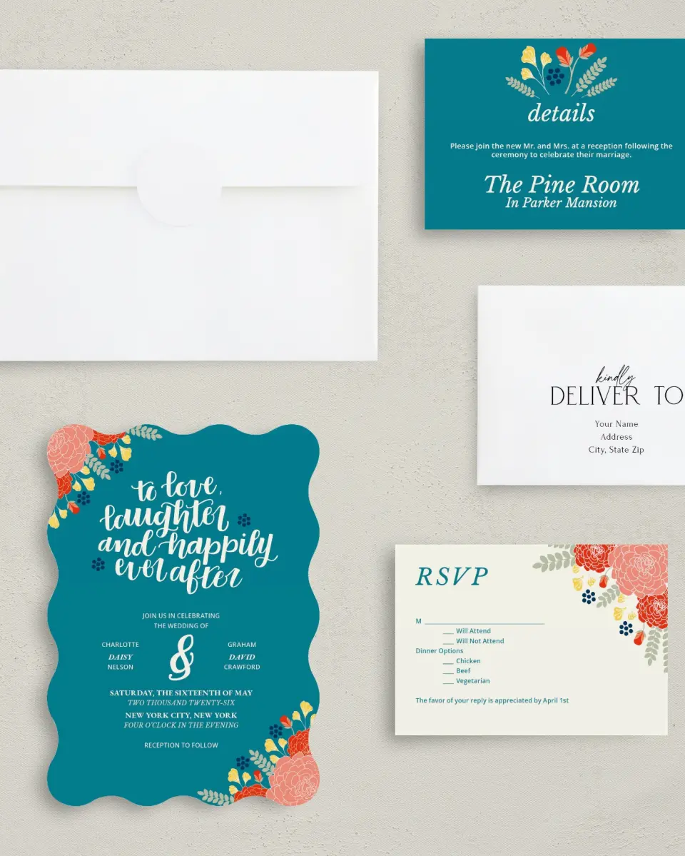 This is a 5" x 7" Wavy Wedding Invitation called Botanical Cheer printed in full color with Gold foil on Luxe Satin (coated) paper