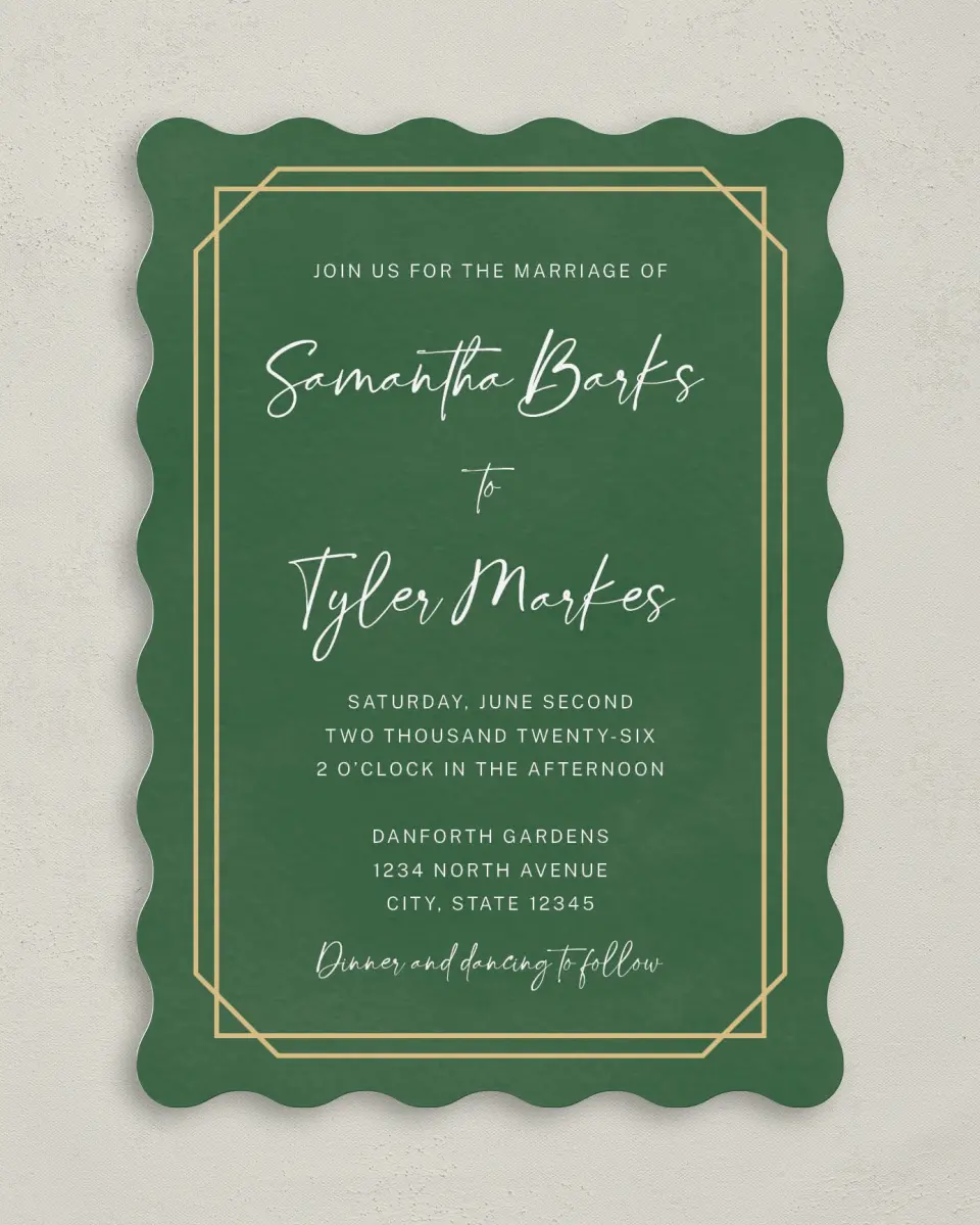 This is a 5" x 7" Wavy Wedding Invitation called Gilded Jewel printed in full color on Premium Smooth paper