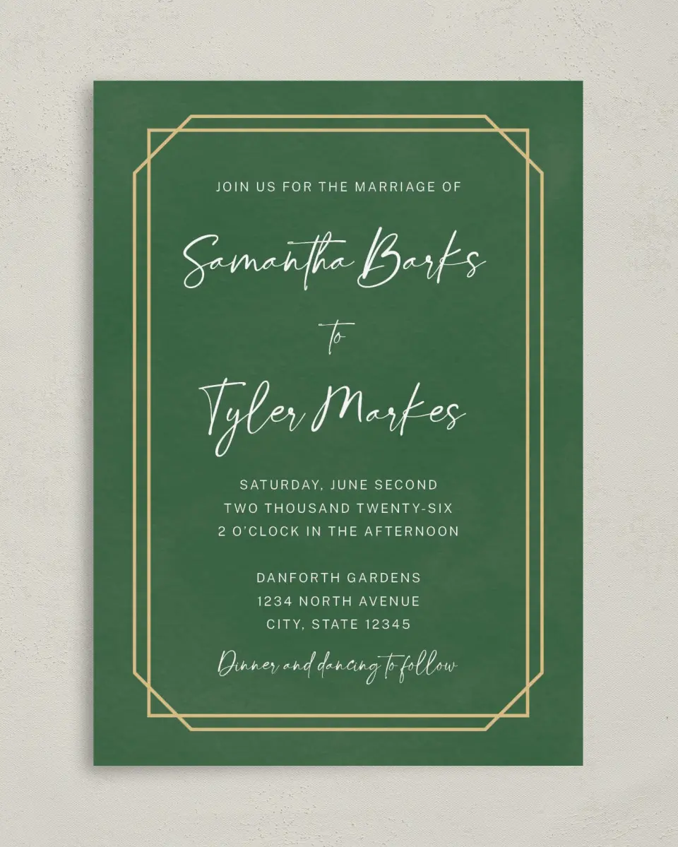 This is a 5" x 7" Classic Wedding Invitation called Gilded Jewel printed in full color on Premium Smooth paper