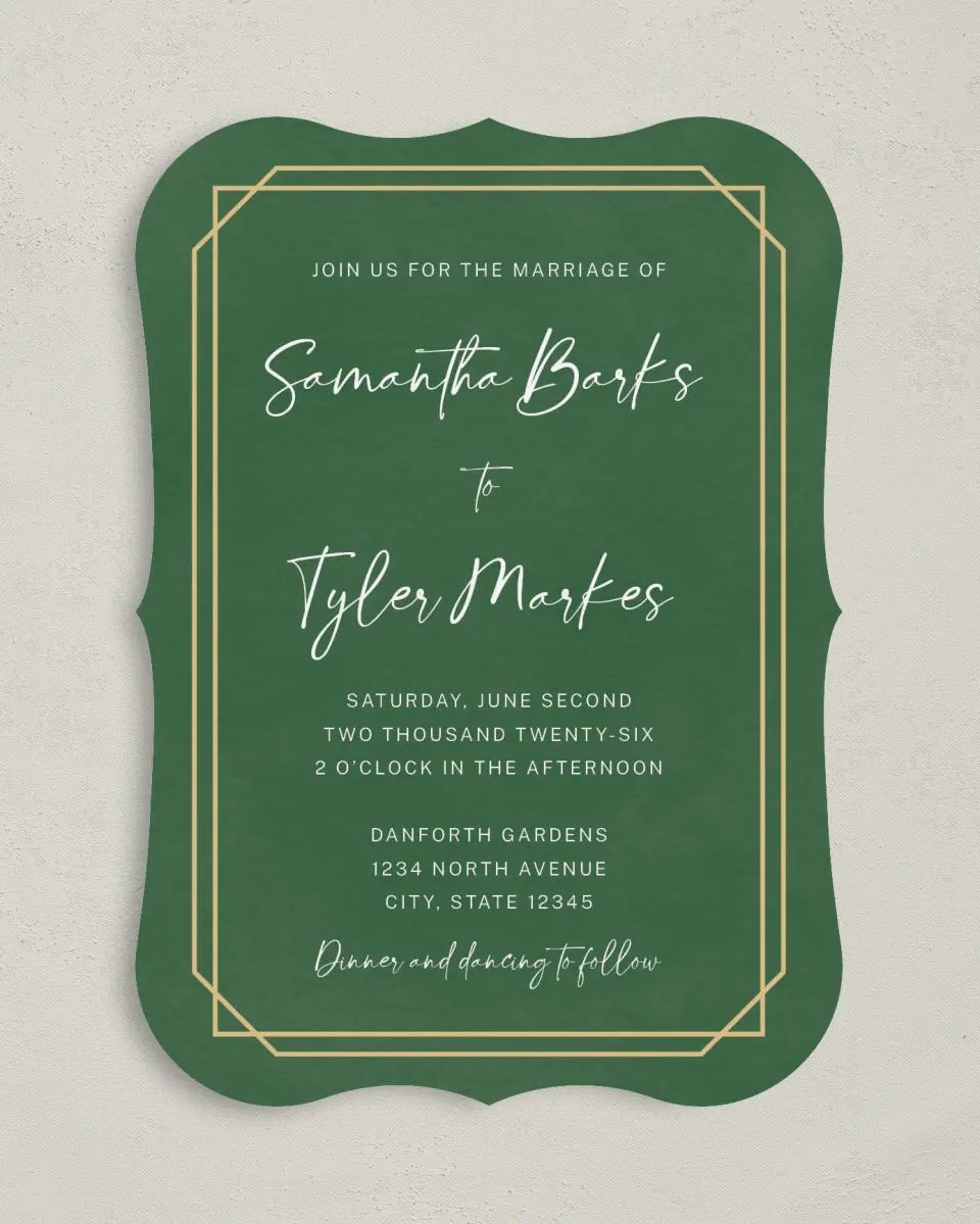 This is a 5" x 7" Bracket Wedding Invitation called Gilded Jewel printed in full color with Silver foil on Luxe Satin (coated) paper