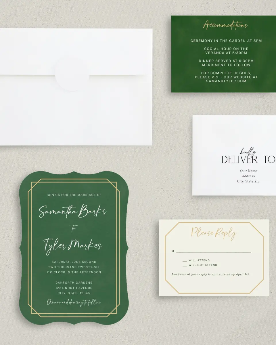 This is a 5" x 7" Bracket Wedding Invitation called Gilded Jewel printed in full color with Silver foil on Luxe Satin (coated) paper