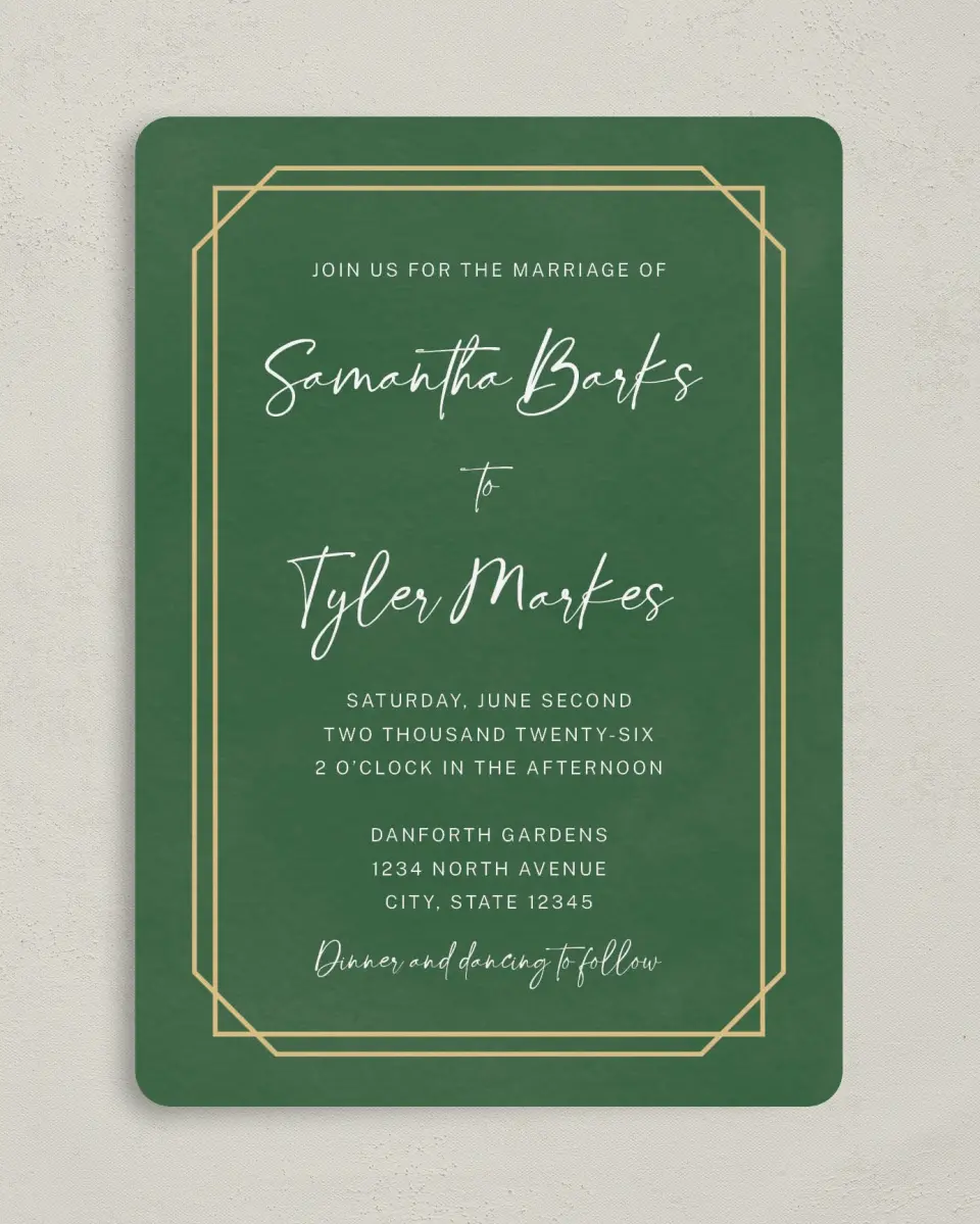 This is a 5" x 7" Rounded Wedding Invitation called Gilded Jewel printed in full color on Premium Smooth paper