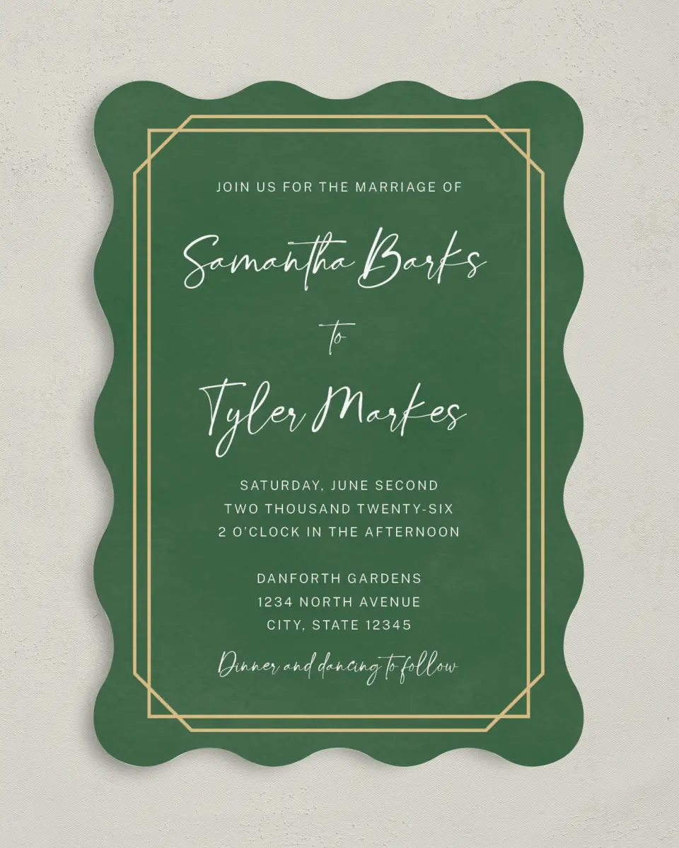 This is a 5" x 7" Wavy Wedding Invitation called Gilded Jewel printed in full color on Premium Smooth paper