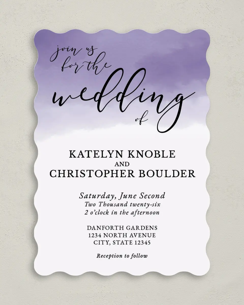 This is a 5" x 7" Wavy Wedding Invitation called Luminous Ombre printed in full color on Premium Smooth paper
