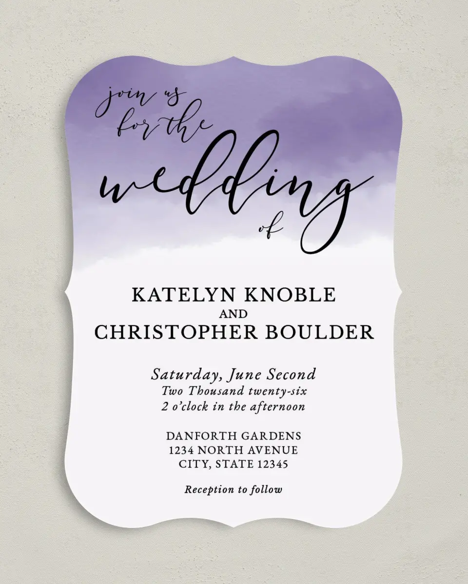 This is a 5" x 7" Bracket Wedding Invitation called Luminous Ombre printed in full color with Silver foil on Luxe Satin (coated) paper