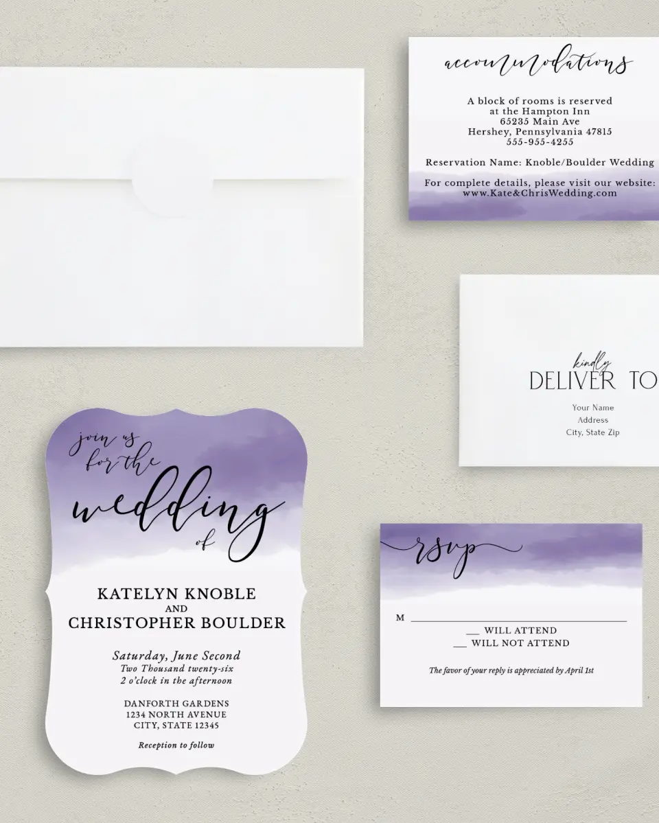 This is a 5" x 7" Bracket Wedding Invitation called Luminous Ombre printed in full color with Silver foil on Luxe Satin (coated) paper