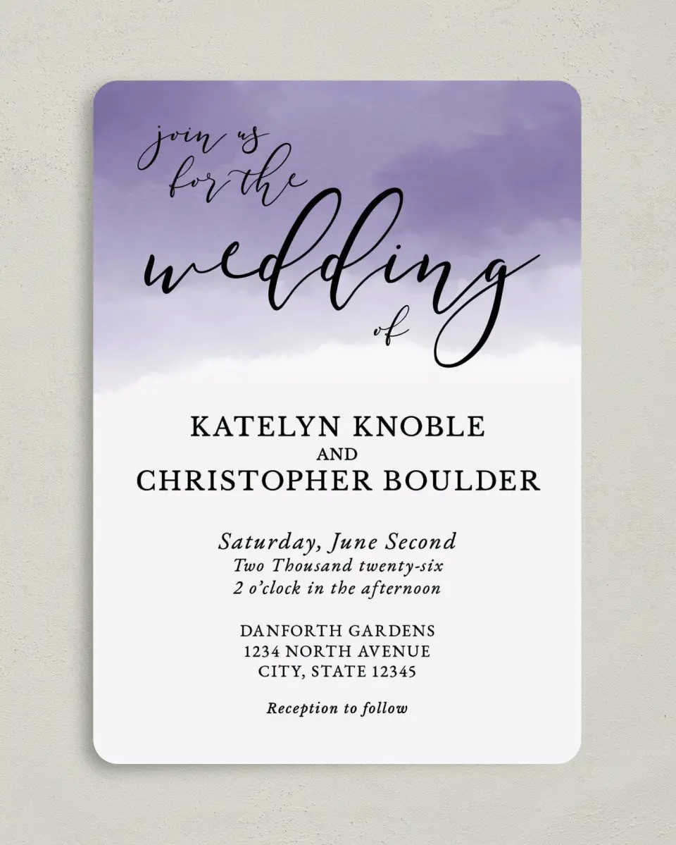 This is a 5" x 7" Rounded Wedding Invitation called Luminous Ombre printed in full color on Premium Smooth paper