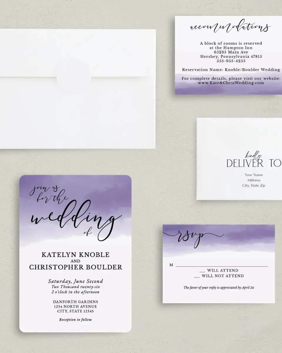 This is a 5" x 7" Rounded Wedding Invitation called Luminous Ombre printed in full color with Gold foil on Luxe Satin (coated) paper