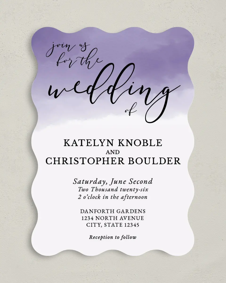 This is a 5" x 7" Wavy Wedding Invitation called Luminous Ombre printed in full color on Premium Smooth paper