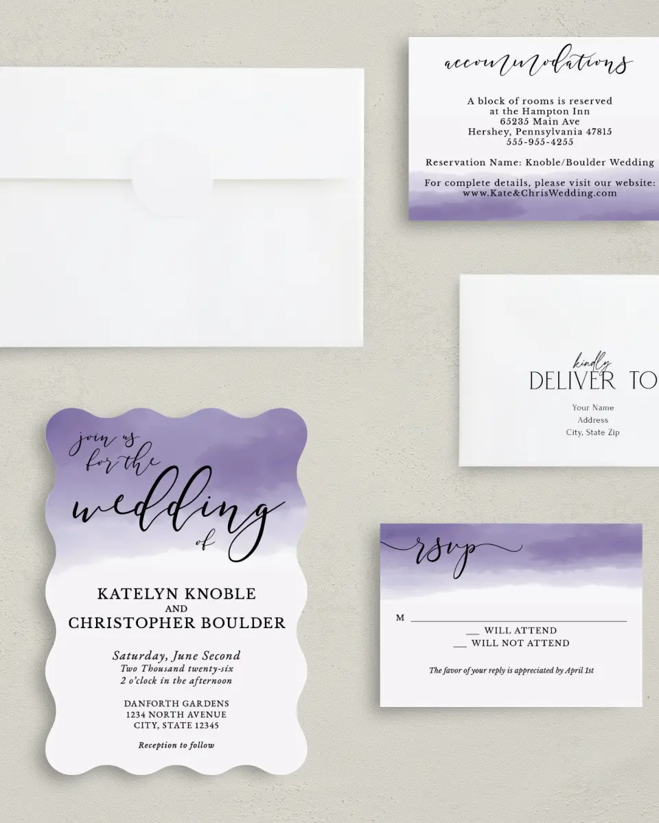 This is a 5" x 7" Wavy Wedding Invitation called Luminous Ombre printed in full color with Gold foil on Luxe Satin (coated) paper