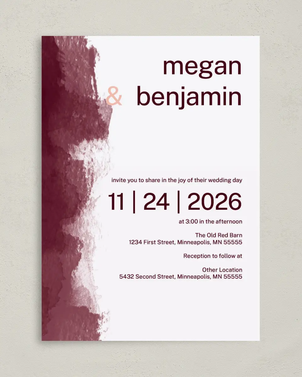 This is a 5" x 7" Classic Wedding Invitation called Modern Wash printed in full color on Premium Smooth paper
