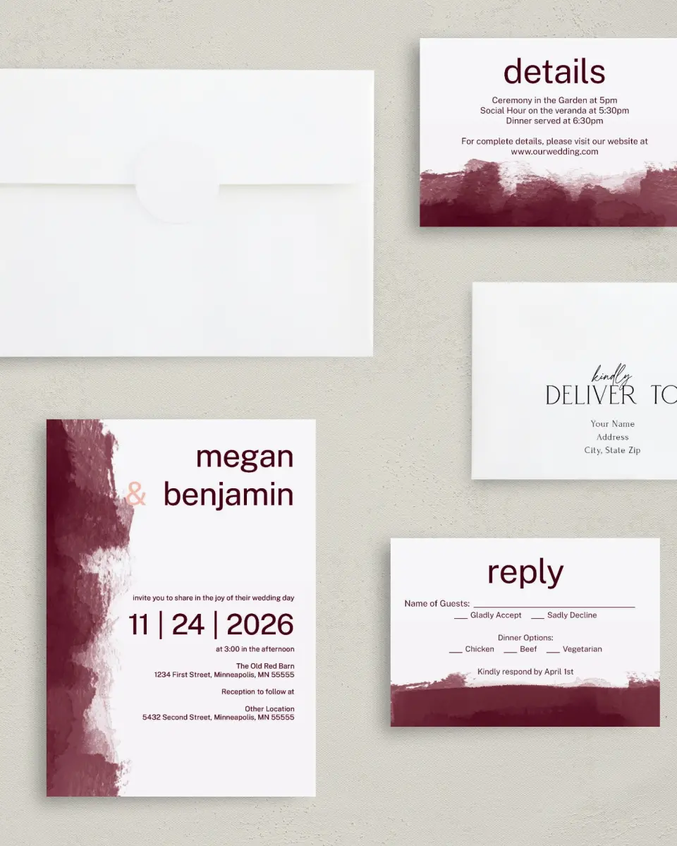 This is a 5" x 7" Classic Wedding Invitation called Modern Wash printed in full color with Gold foil on Luxe Satin (coated) paper
