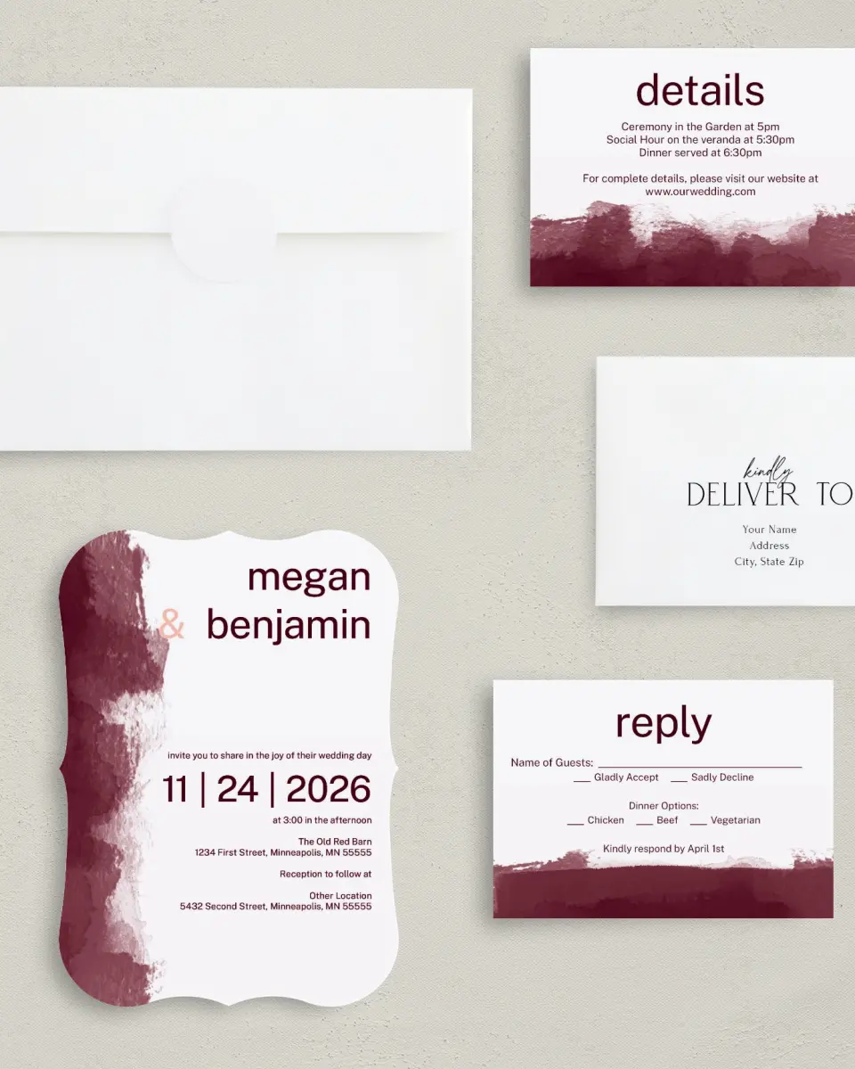 This is a 5" x 7" Bracket Wedding Invitation called Modern Wash printed in full color with Silver foil on Luxe Satin (coated) paper