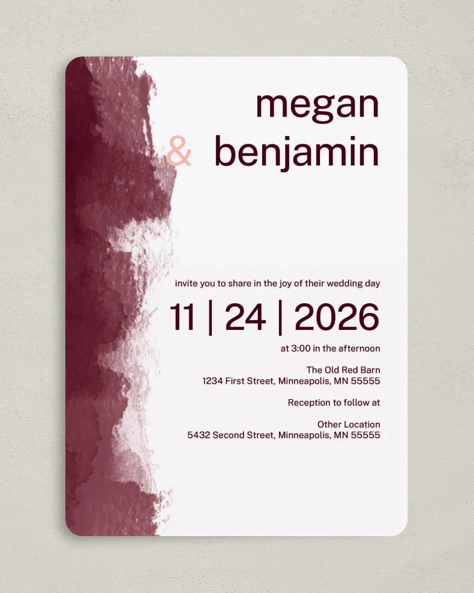 This is a 5" x 7" Rounded Wedding Invitation called Modern Wash printed in full color on Premium Smooth paper