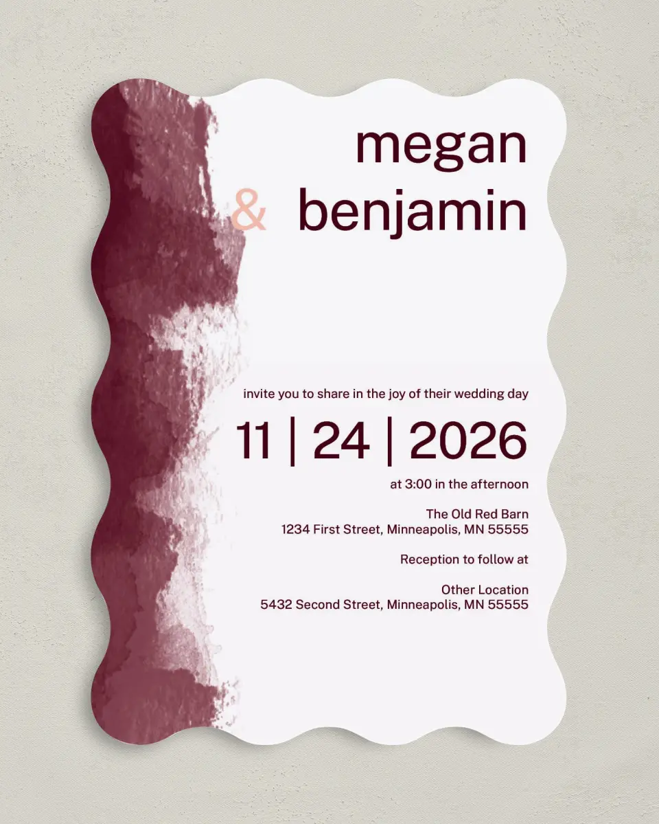 This is a 5" x 7" Wavy Wedding Invitation called Modern Wash printed in full color on Premium Smooth paper