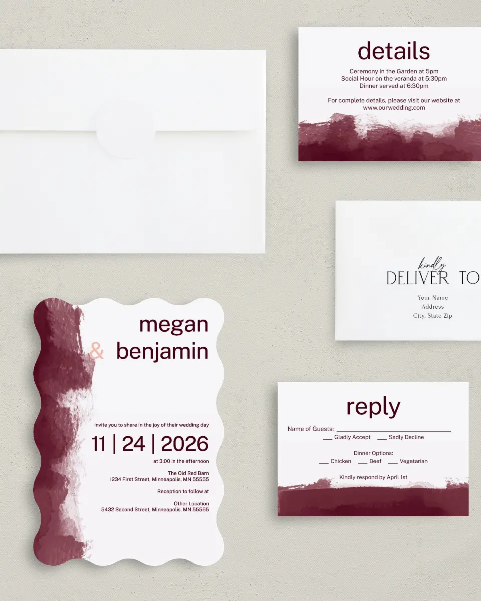This is a 5" x 7" Wavy Wedding Invitation called Modern Wash printed in full color with Gold foil on Luxe Satin (coated) paper