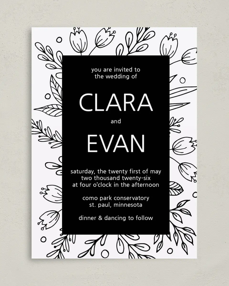 This is a 5" x 7" Classic Wedding Invitation called Budding Bouquet printed in full color with Gold foil on Luxe Satin (coated) paper