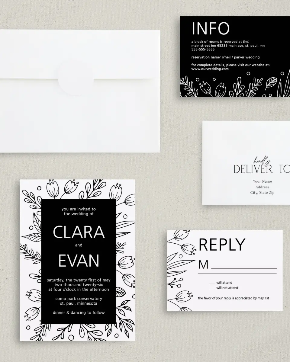 This is a 5" x 7" Classic Wedding Invitation called Budding Bouquet printed in full color with Gold foil on Luxe Satin (coated) paper