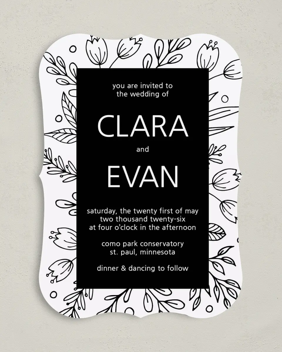 This is a 5" x 7" Bracket Wedding Invitation called Budding Bouquet printed in full color with Silver foil on Luxe Satin (coated) paper