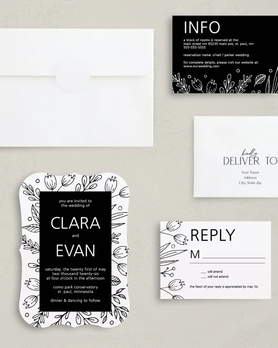 This is a 5" x 7" Bracket Wedding Invitation called Budding Bouquet printed in full color with Silver foil on Luxe Satin (coated) paper