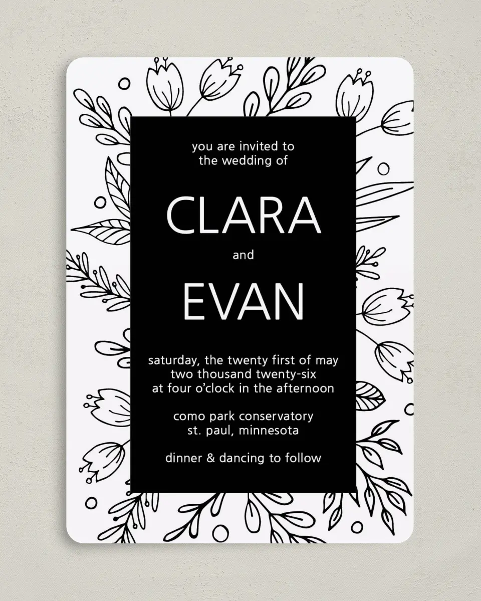 This is a 5" x 7" Rounded Wedding Invitation called Budding Bouquet printed in full color on Premium Smooth paper