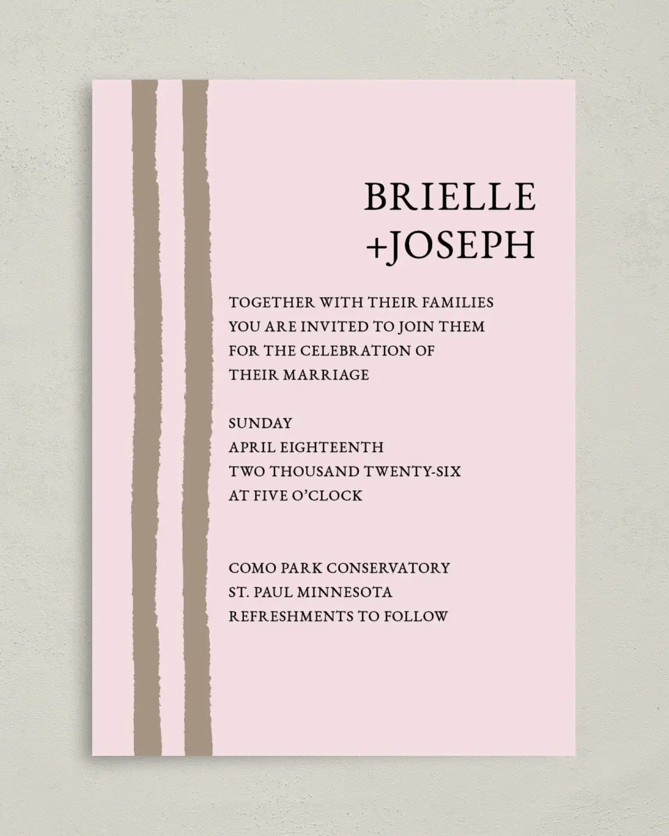 This is a 5" x 7" Classic Wedding Invitation called Sweetened Stripes printed in full color with Gold foil on Luxe Satin (coated) paper