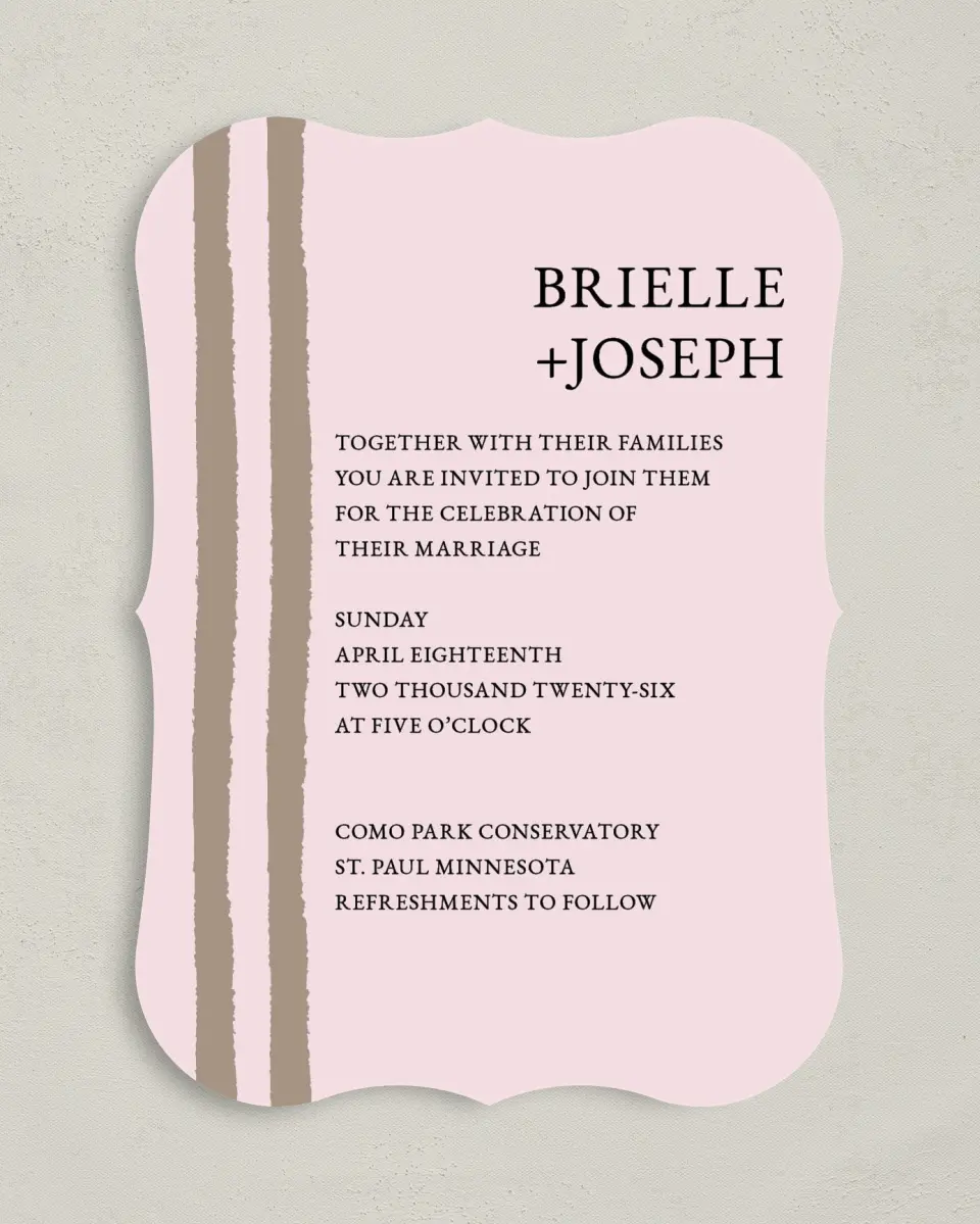 This is a 5" x 7" Bracket Wedding Invitation called Sweetened Stripes printed in full color with Silver foil on Luxe Satin (coated) paper