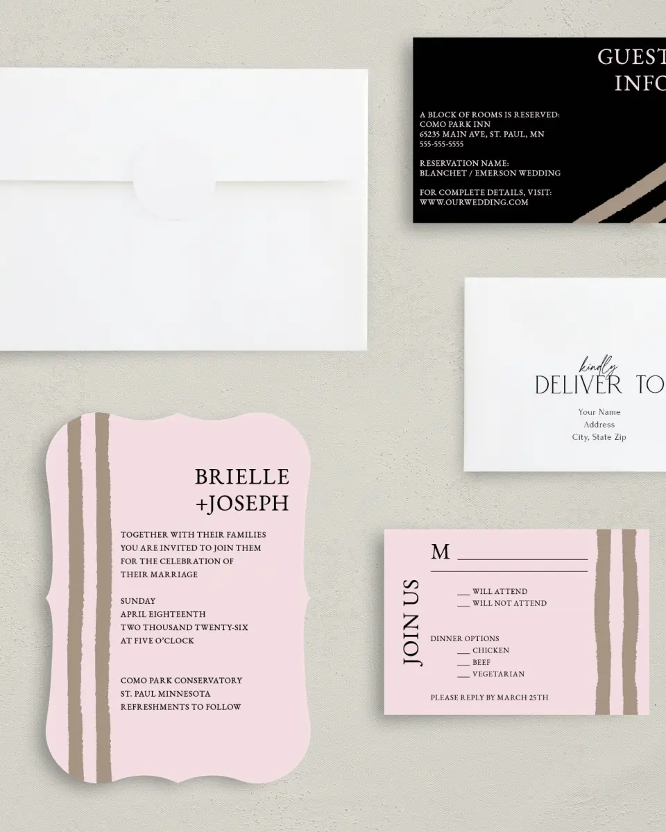 This is a 5" x 7" Bracket Wedding Invitation called Sweetened Stripes printed in full color with Silver foil on Luxe Satin (coated) paper