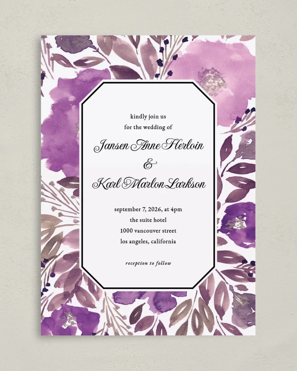 This is a 5" x 7" Classic Wedding Invitation called Violet Watercolor printed in full color on Premium Smooth paper
