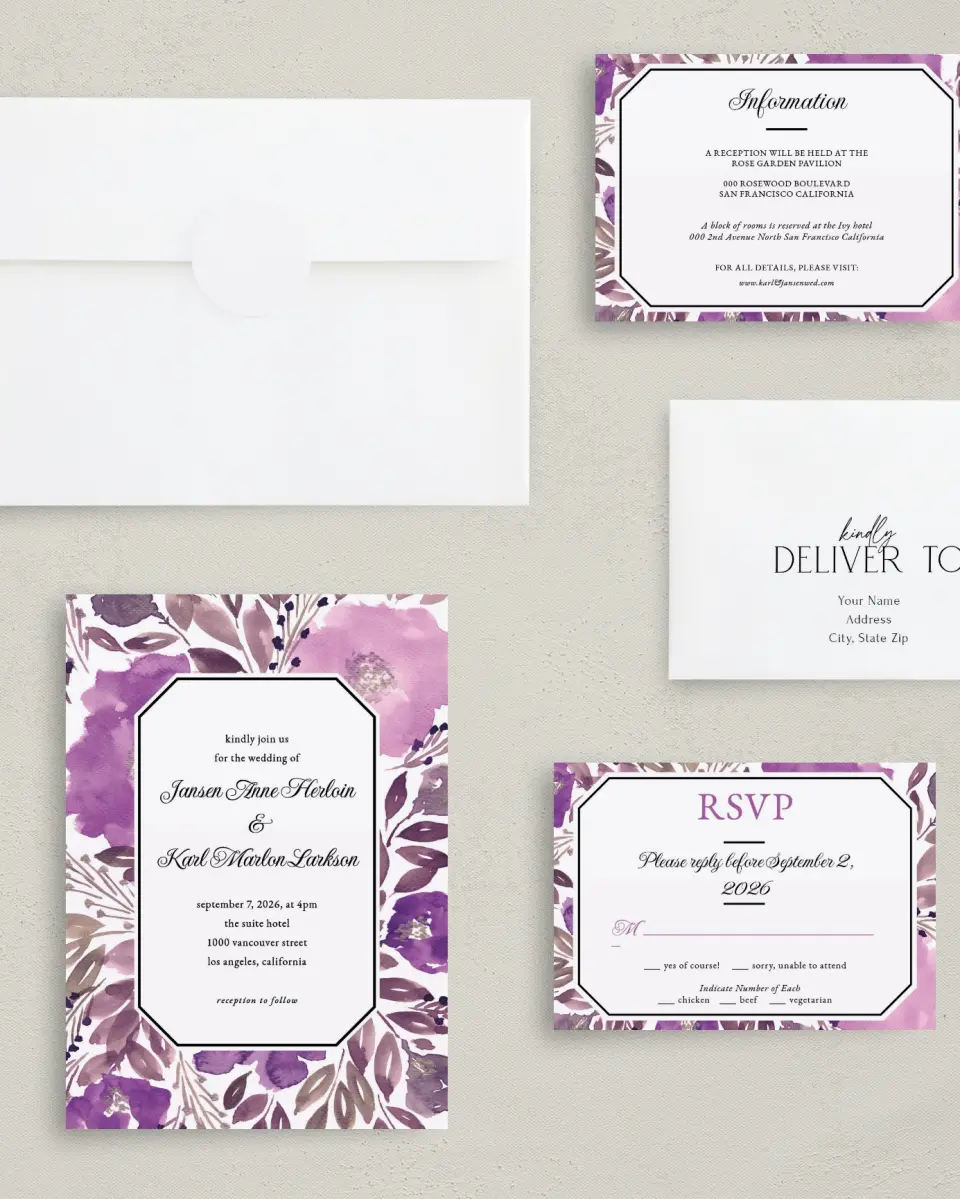 This is a 5" x 7" Classic Wedding Invitation called Violet Watercolor printed in full color on Premium Smooth paper