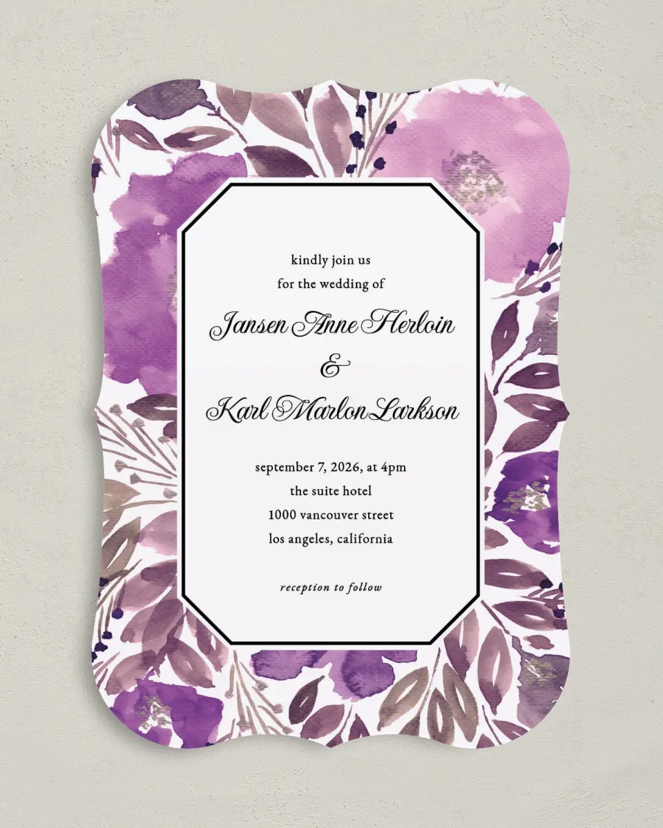 This is a 5" x 7" Bracket Wedding Invitation called Violet Watercolor printed in full color on Premium Smooth paper