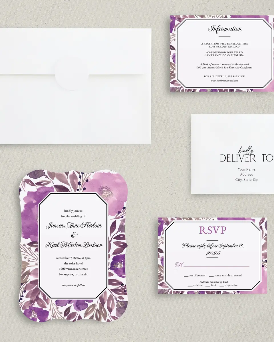 This is a 5" x 7" Bracket Wedding Invitation called Violet Watercolor printed in full color with Silver foil on Luxe Satin (coated) paper