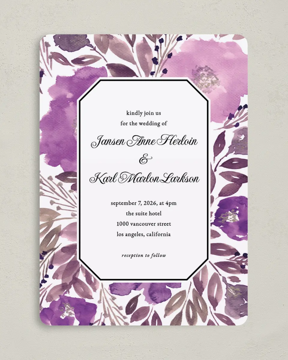 This is a 5" x 7" Rounded Wedding Invitation called Violet Watercolor printed in full color on Premium Smooth paper