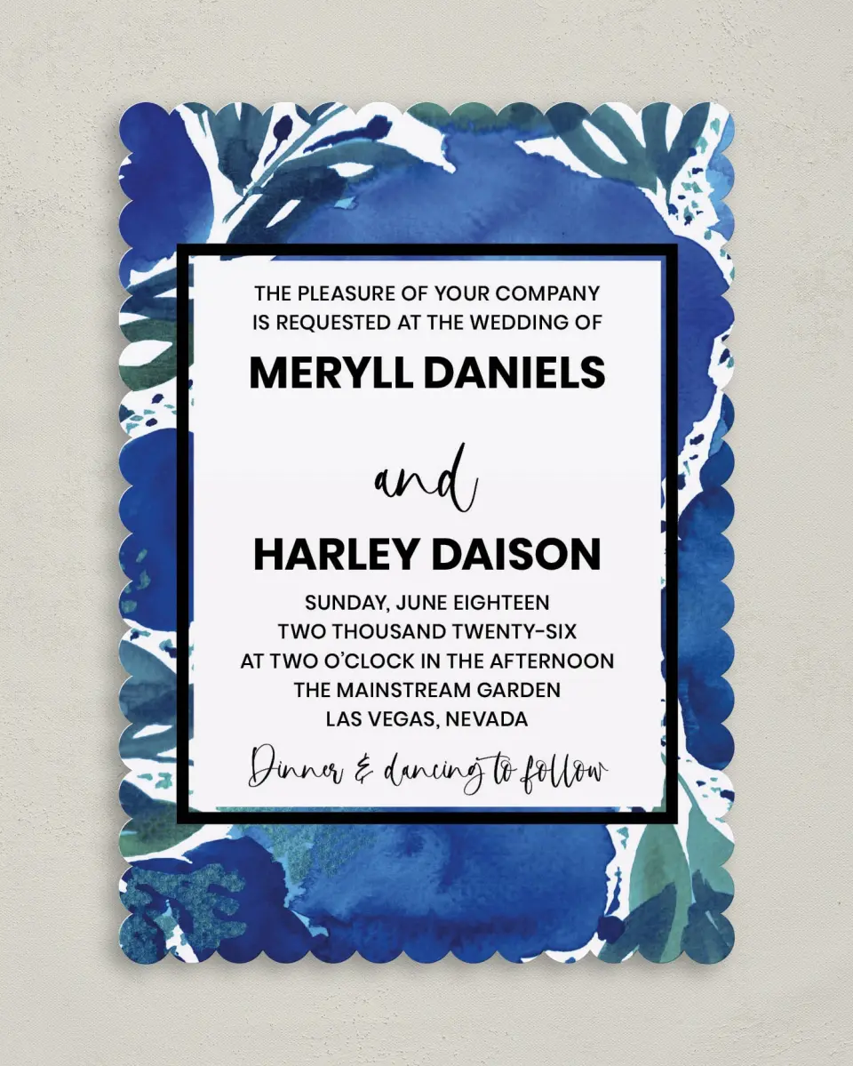 This is a 5" x 7" Classic Wedding Invitation called Blue Blooms printed in full color on Premium Smooth paper
