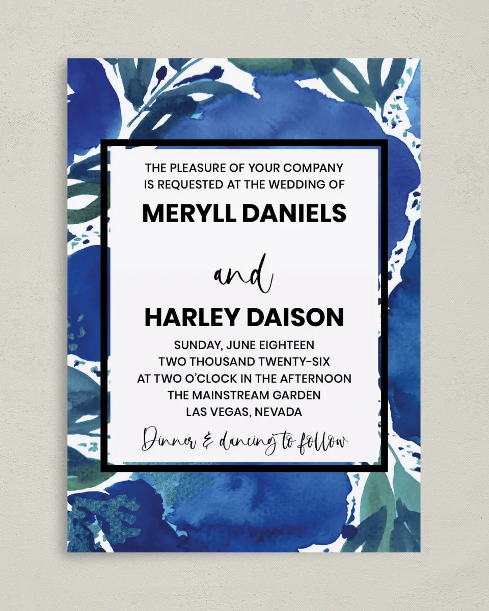 This is a 5" x 7" Classic Wedding Invitation called Blue Blooms printed in full color on Premium Smooth paper