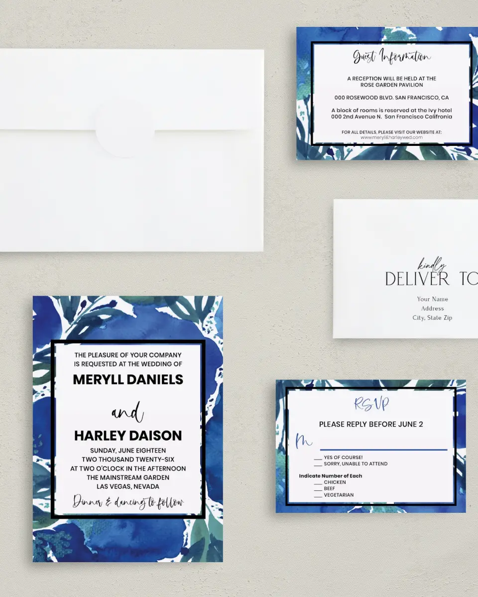 This is a 5" x 7" Classic Wedding Invitation called Blue Blooms printed in full color with Gold foil on Luxe Satin (coated) paper