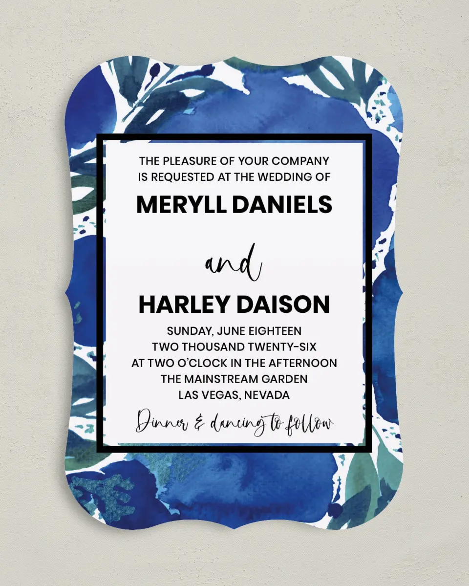 This is a 5" x 7" Bracket Wedding Invitation called Blue Blooms printed in full color with Silver foil on Luxe Satin (coated) paper