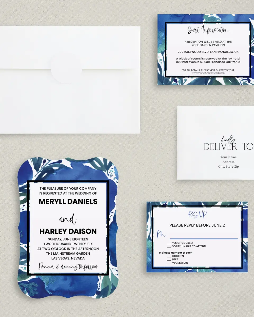 This is a 5" x 7" Bracket Wedding Invitation called Blue Blooms printed in full color with Silver foil on Luxe Satin (coated) paper