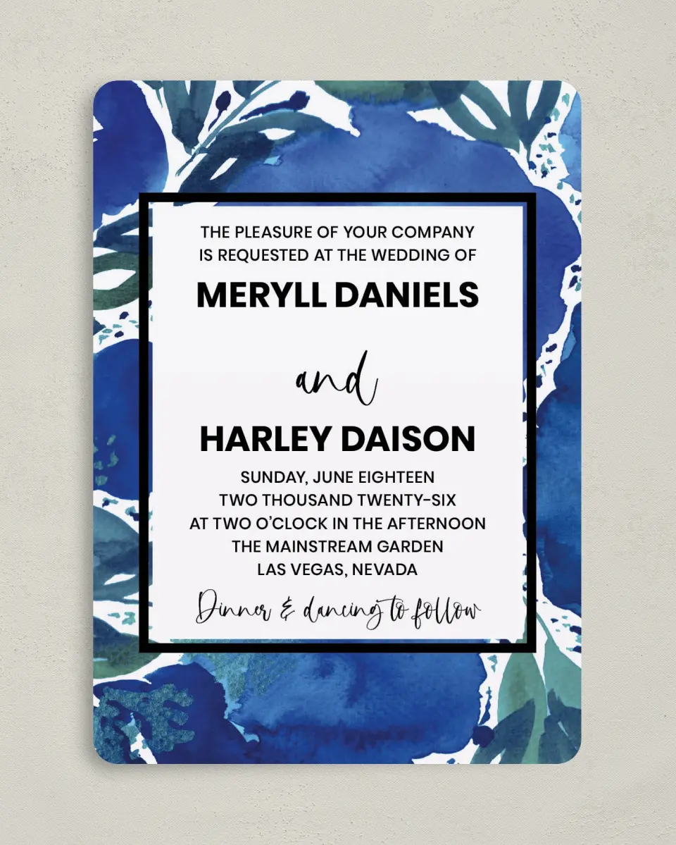 This is a 5" x 7" Rounded Wedding Invitation called Blue Blooms printed in full color on Premium Smooth paper