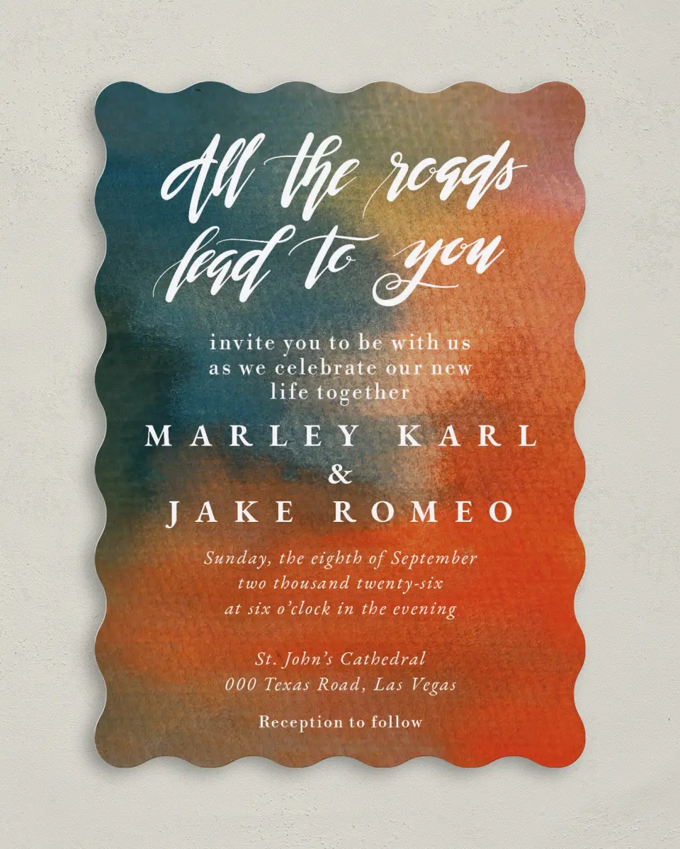 This is a 5" x 7" Wavy Wedding Invitation called Inked Elegance printed in full color on Premium Smooth paper