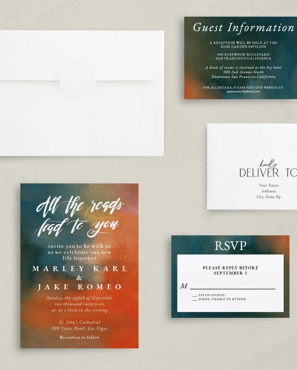 This is a 5" x 7" Classic Wedding Invitation called Inked Elegance printed in full color with Gold foil on Luxe Satin (coated) paper