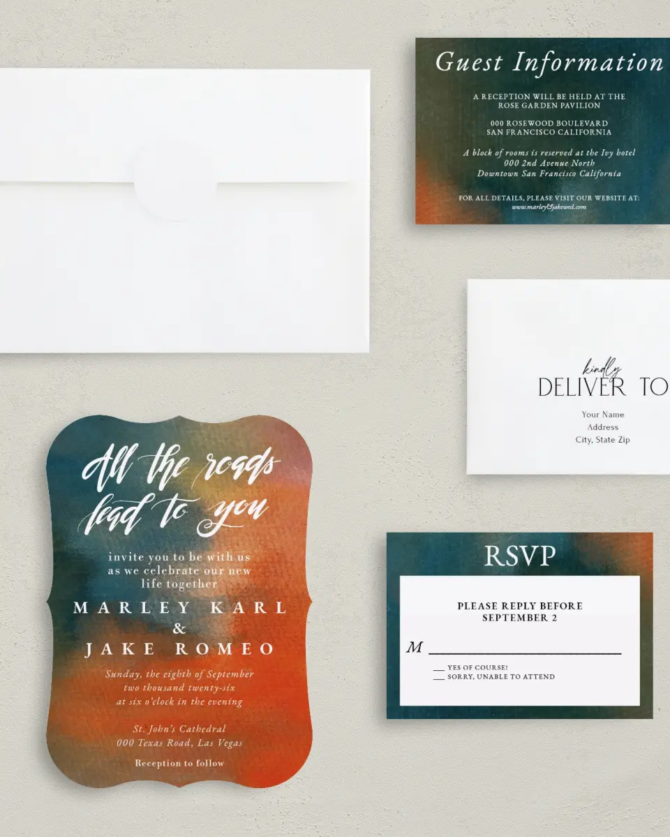 This is a 5" x 7" Bracket Wedding Invitation called Inked Elegance printed in full color with Silver foil on Luxe Satin (coated) paper