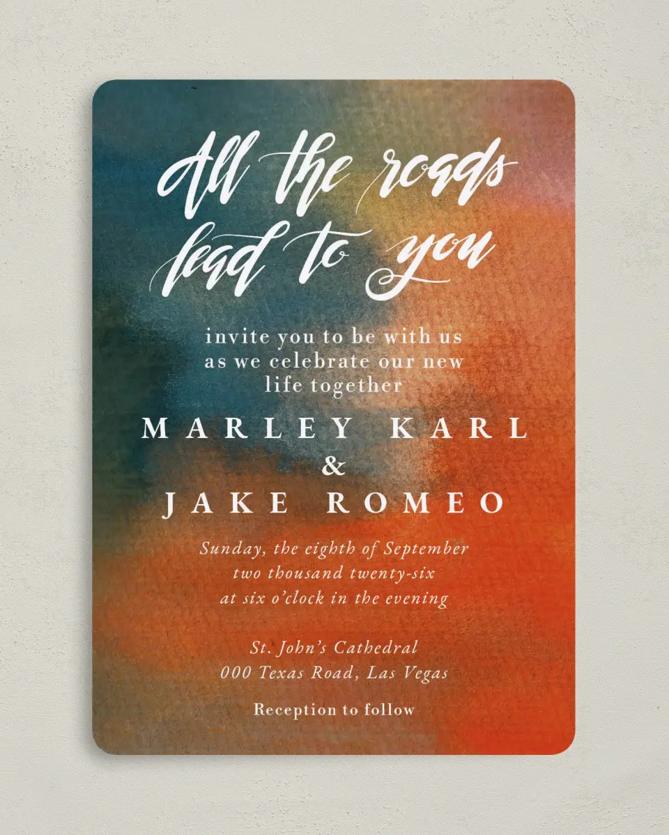 This is a 5" x 7" Rounded Wedding Invitation called Inked Elegance printed in full color on Premium Smooth paper