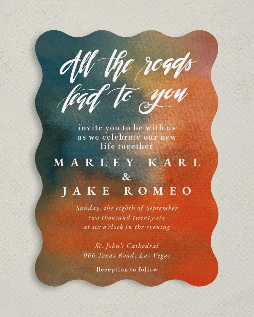 This is a 5" x 7" Wavy Wedding Invitation called Inked Elegance printed in full color on Premium Smooth paper